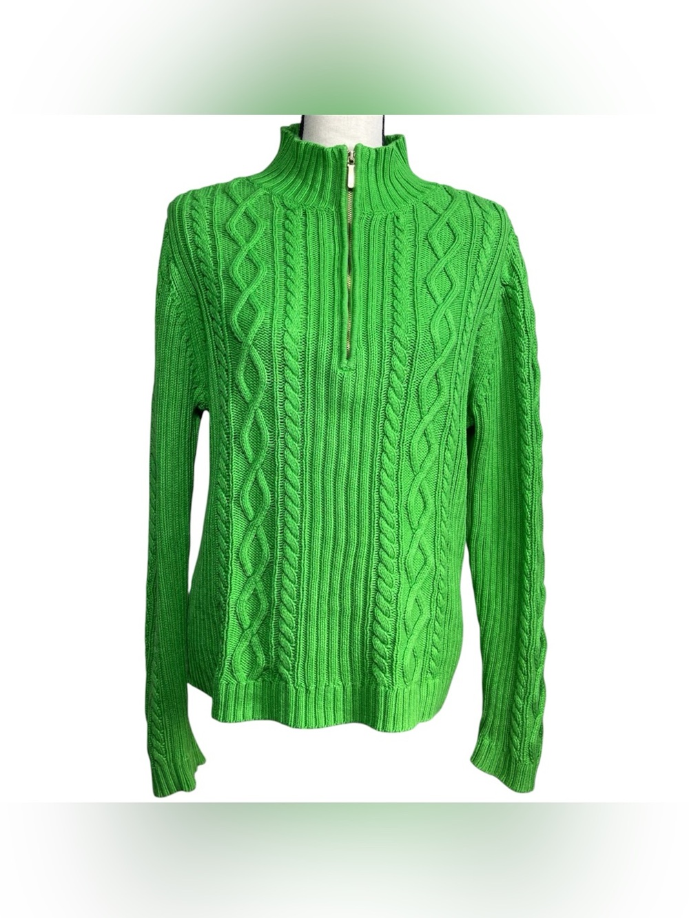 Chaps Women’s Chunky Cable Knit Sweater Kelly Green Mock Neck Cozy Preppy, XL
